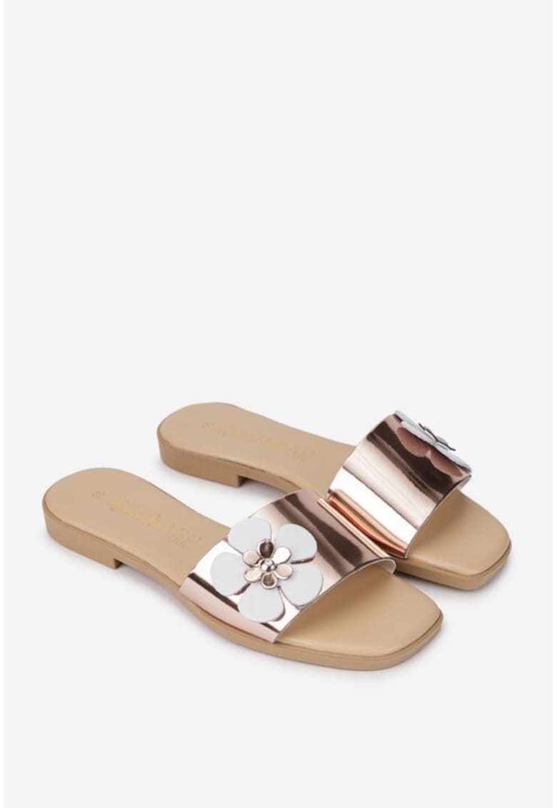 Sandale dama roz din piele cu floare model tip papuc