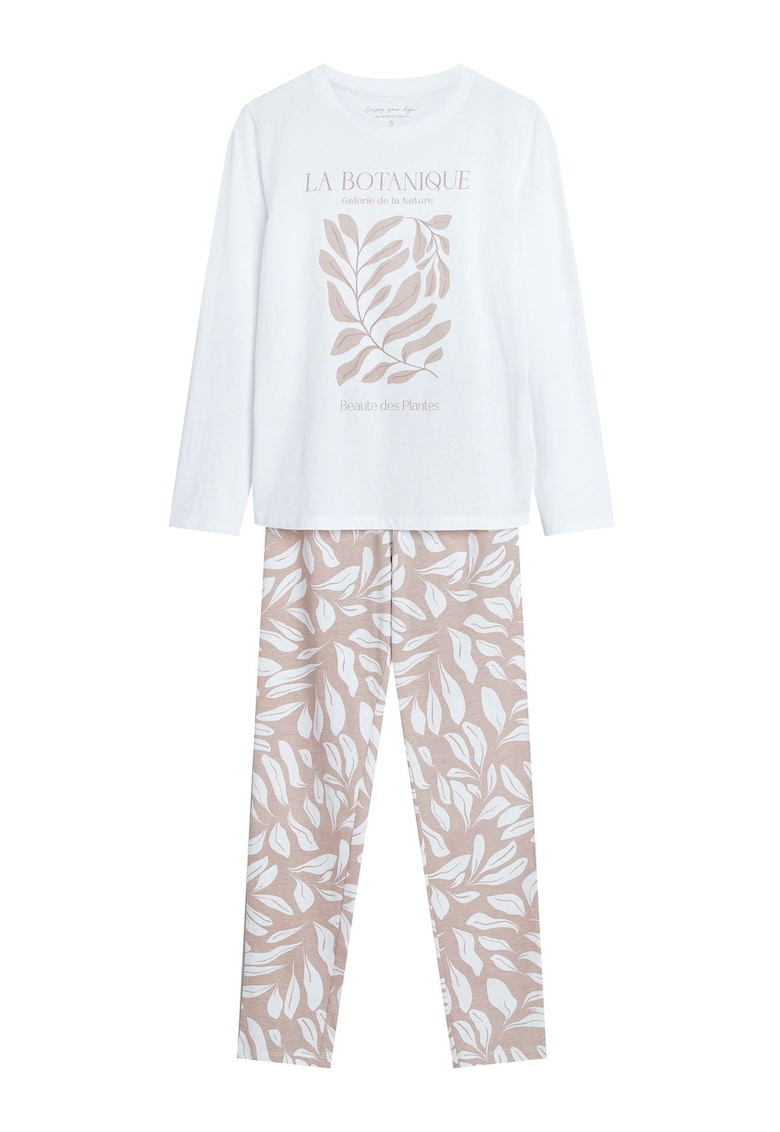 Pijama dama care combina confortul si stilul datorita aspectului lor modern si modelului floral in culori alb cream si bej - Dextra