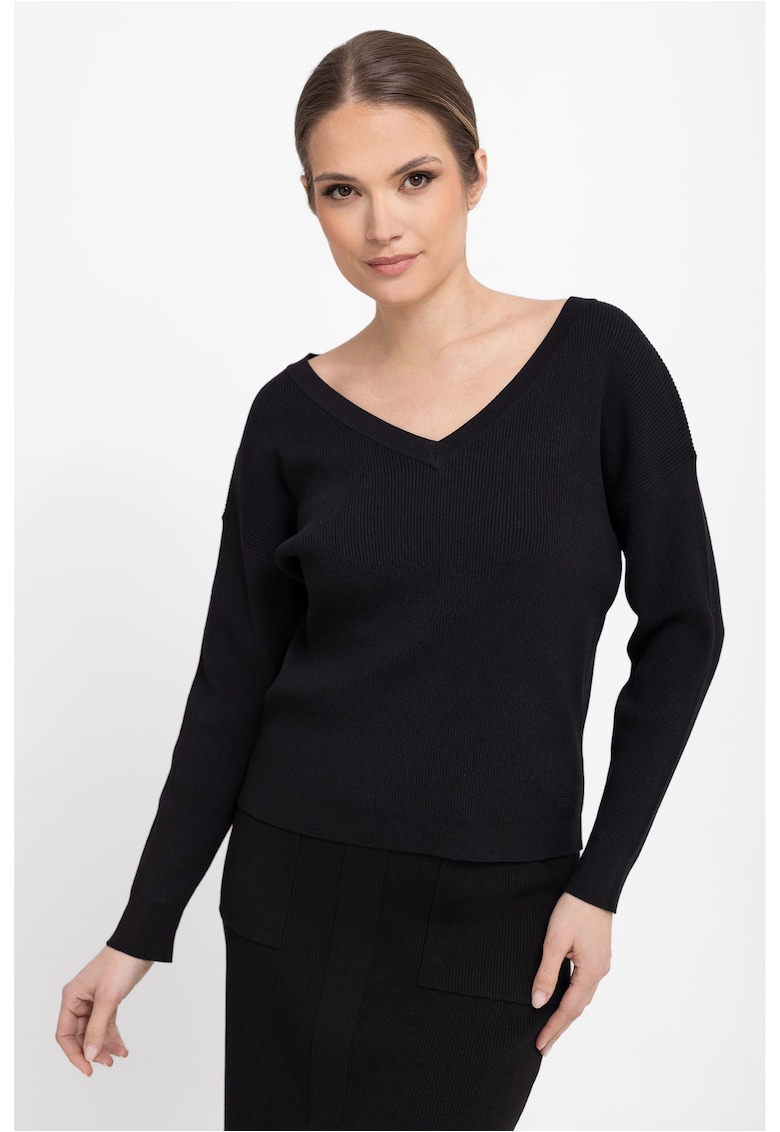Pulover dama cu nervuri - cu decolteu in V - S-Tika - Regular Fit - Negru