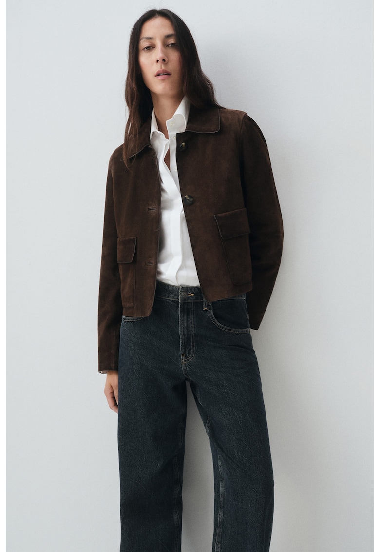Jacheta din piele intoarsa cu buzunare cu clapa - Maro inchis