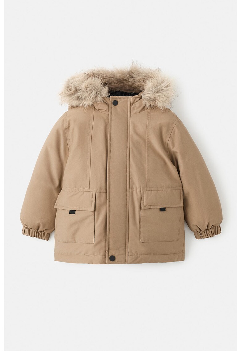 Geaca cu vatelina si gluga cu blana sintetica - Maro nisip
