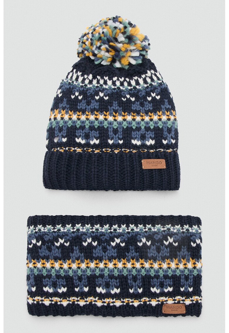 Fular circular tricotat cu model grafic - Albastru ultramarin/Galben sofran/Gri cenusiu