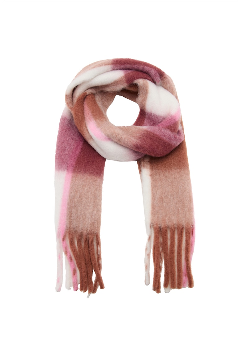 Fular cu model in carouri si terminatie cu franjuri - Alb/Maro deschis/Roz prafuit