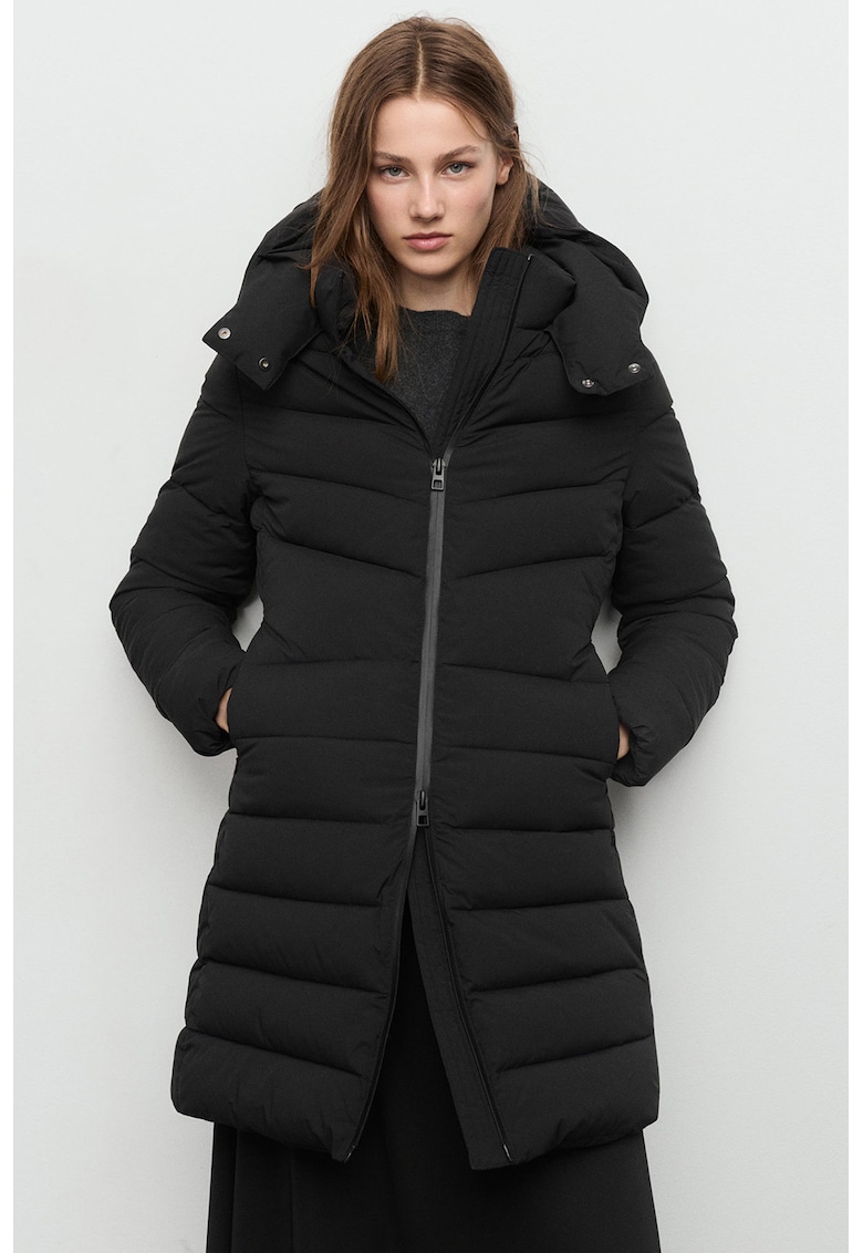 Geaca matlasata lunga cu gluga - Negru