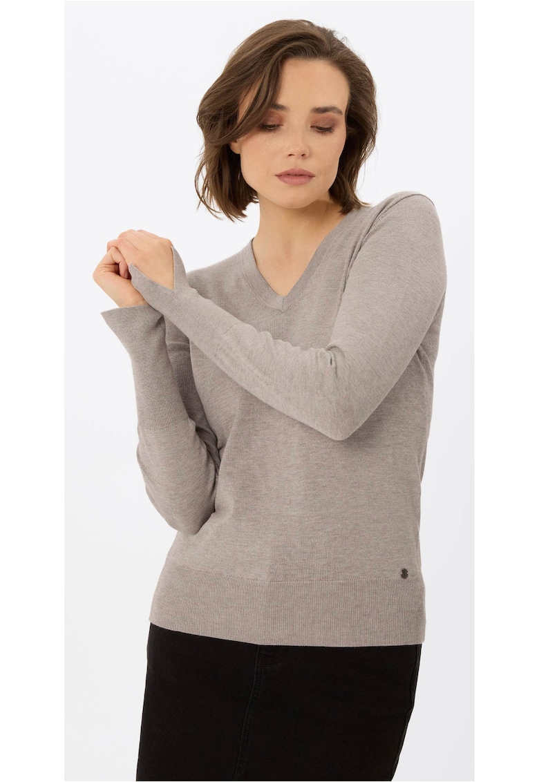 Pulover dama cu decolteu in V - S-Neli - Slim Fit - bej melange