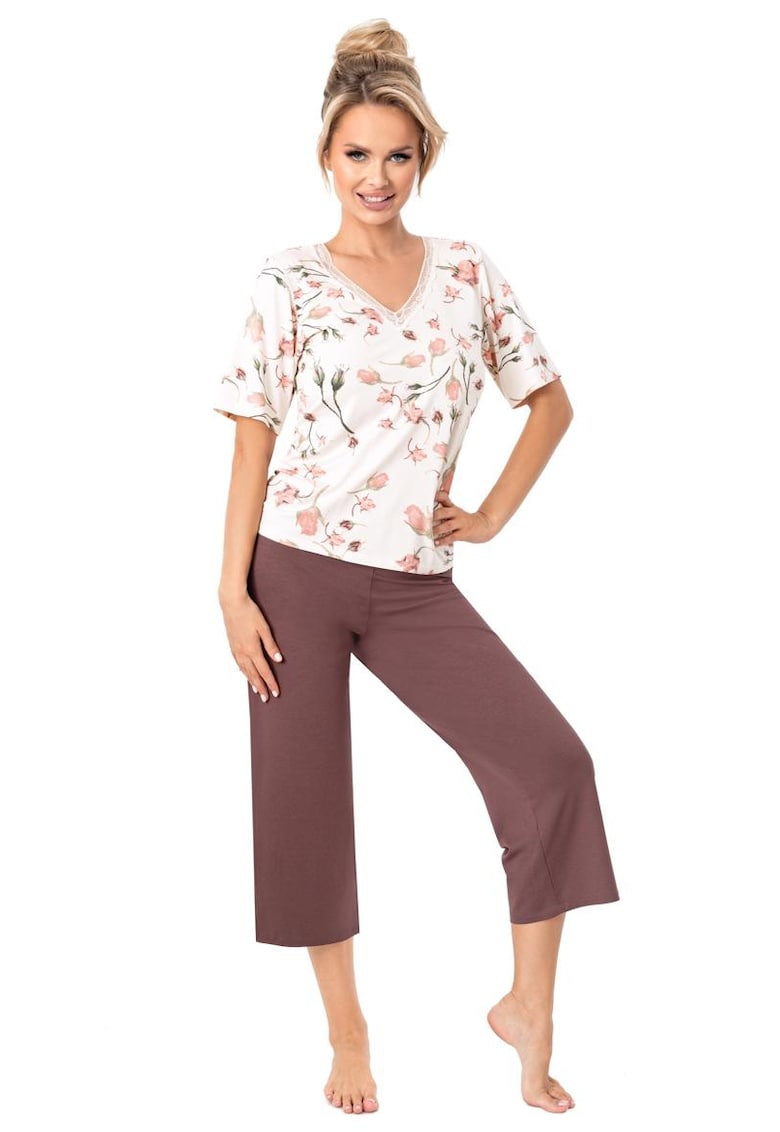 Pijama cu imprimeu floral si pantaloni 3/4