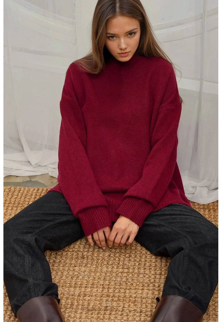 Pulover dama -  tricotat - guler rotund - visiniu - tricot -