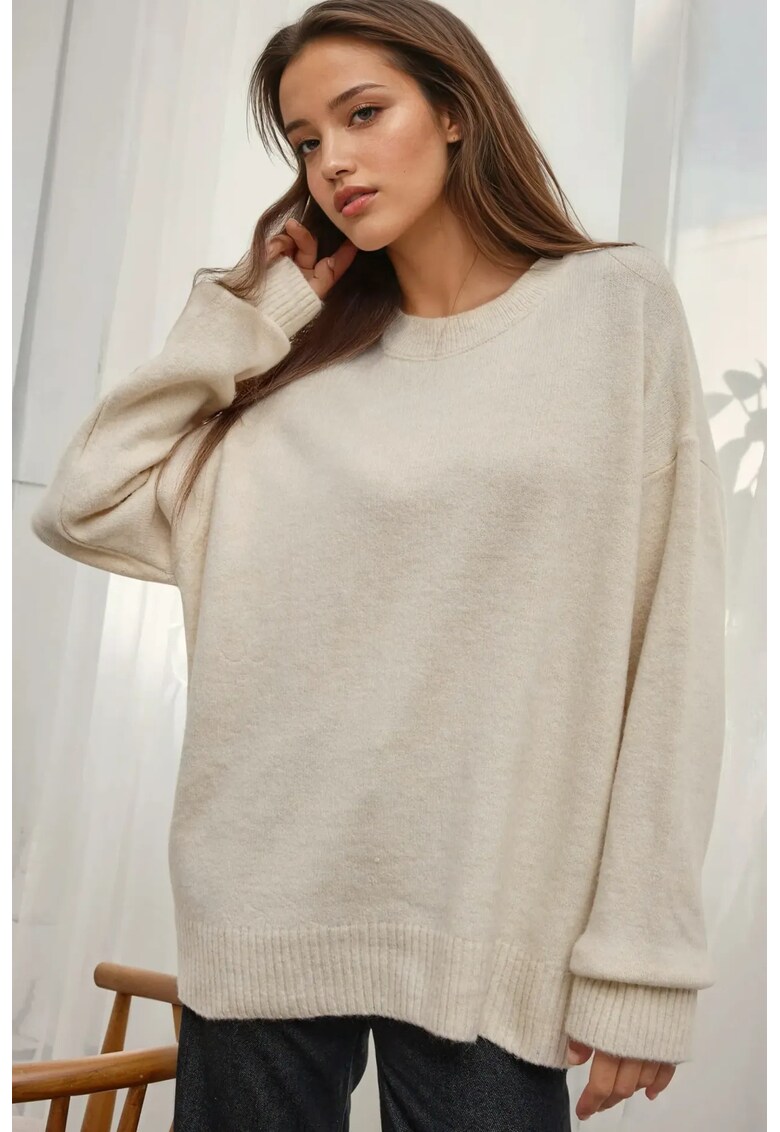 Pulover dama - tricotat confortabil - guler rotund - tricot - Fildes Natural -