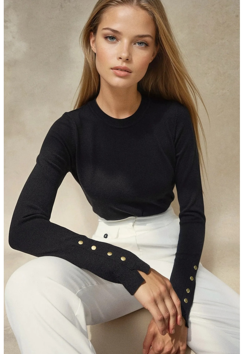 Pulover dama - tricotat - guler rotund - detalii cu nasturi - negru - tricot Pulover dama - tricotat - guler rotund - detalii cu nasturi - negru - tricot