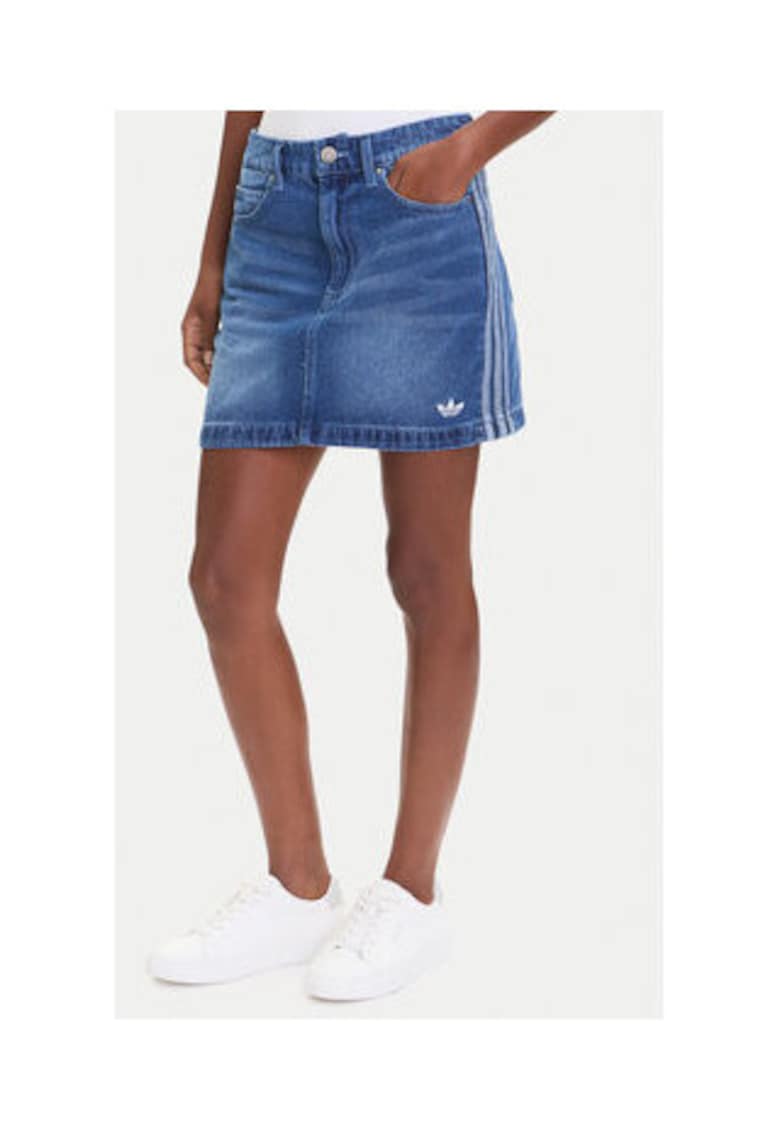 Fusta din denim cu imprimeu logo si dungi laterale