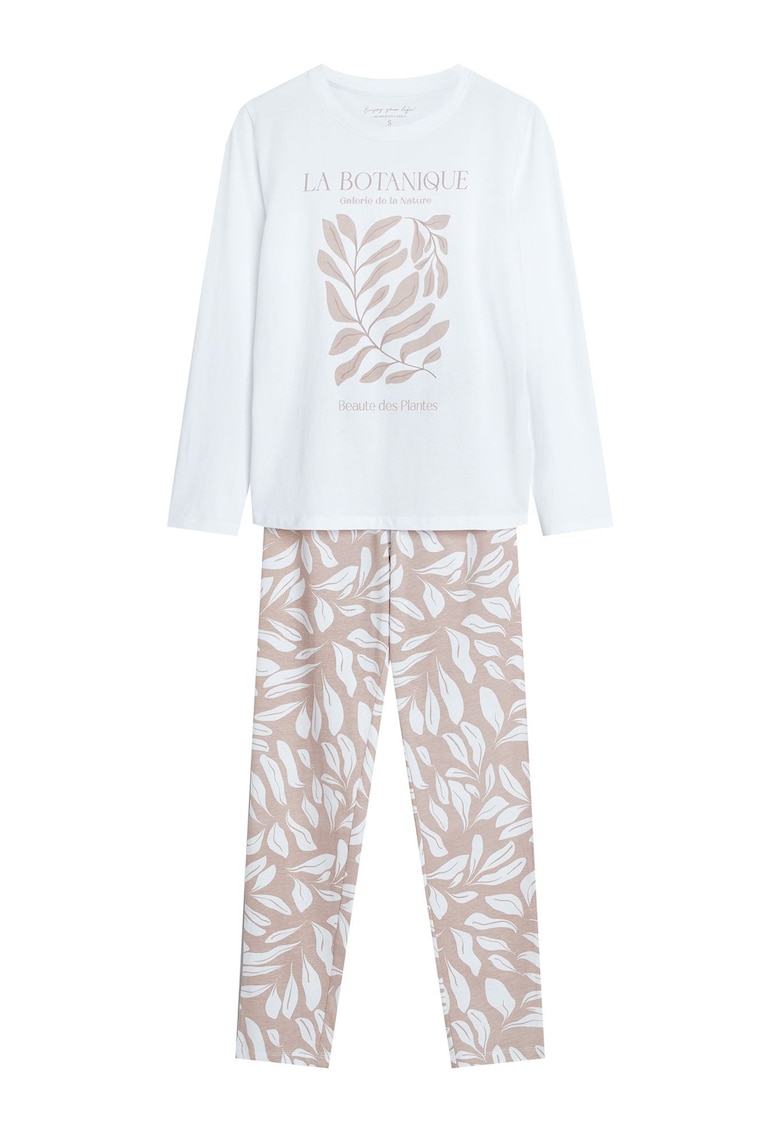 Pijama dama care combina confortul si stilul datorita aspectului lor modern si modelului floral in culori alb cream si bej - Dextra
