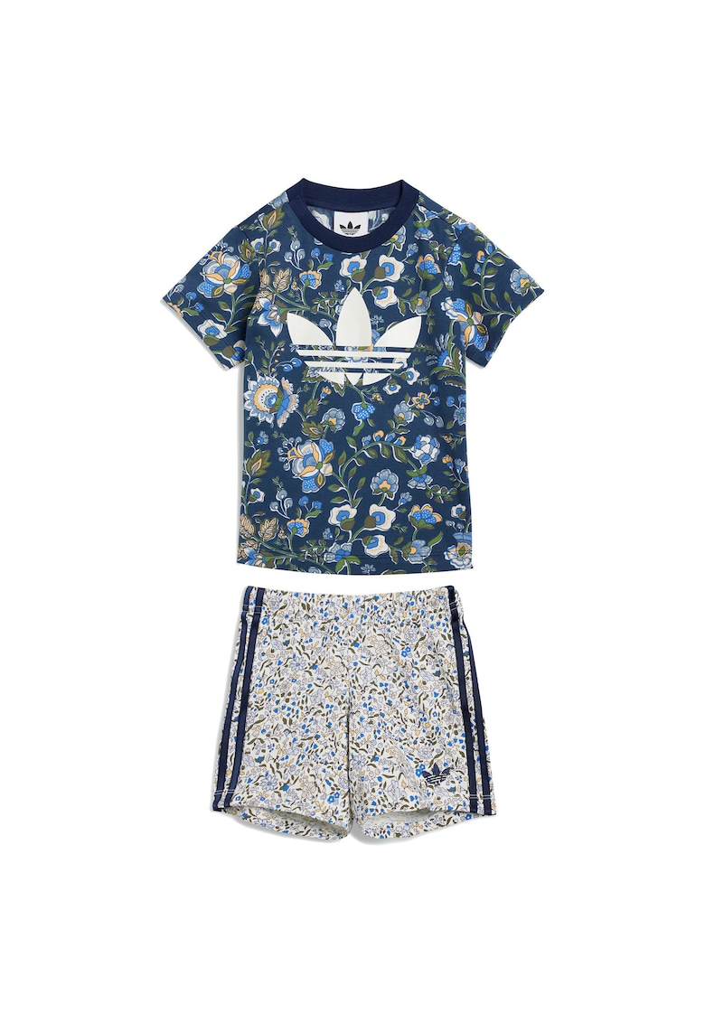 Set de tricou si pantaloni scurti cu imprimeu floral si logo - 2 piese