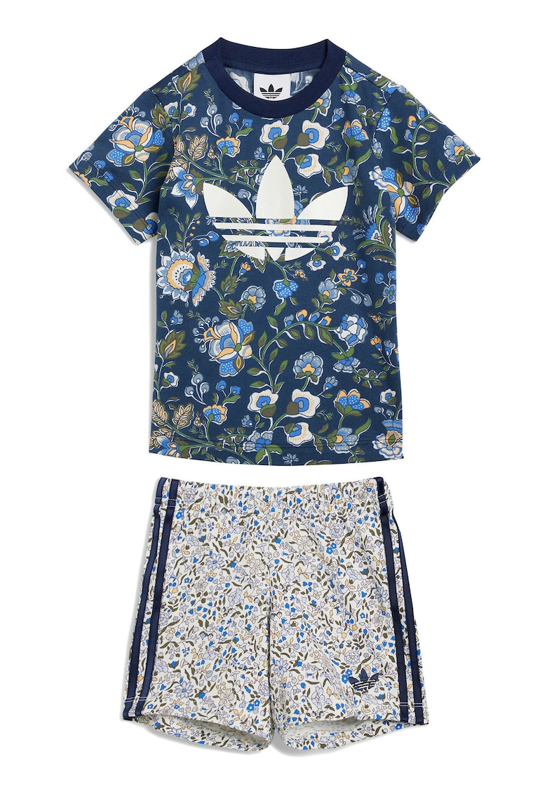 Set de tricou si pantaloni scurti cu floral si logo - 2 piese - Albastru