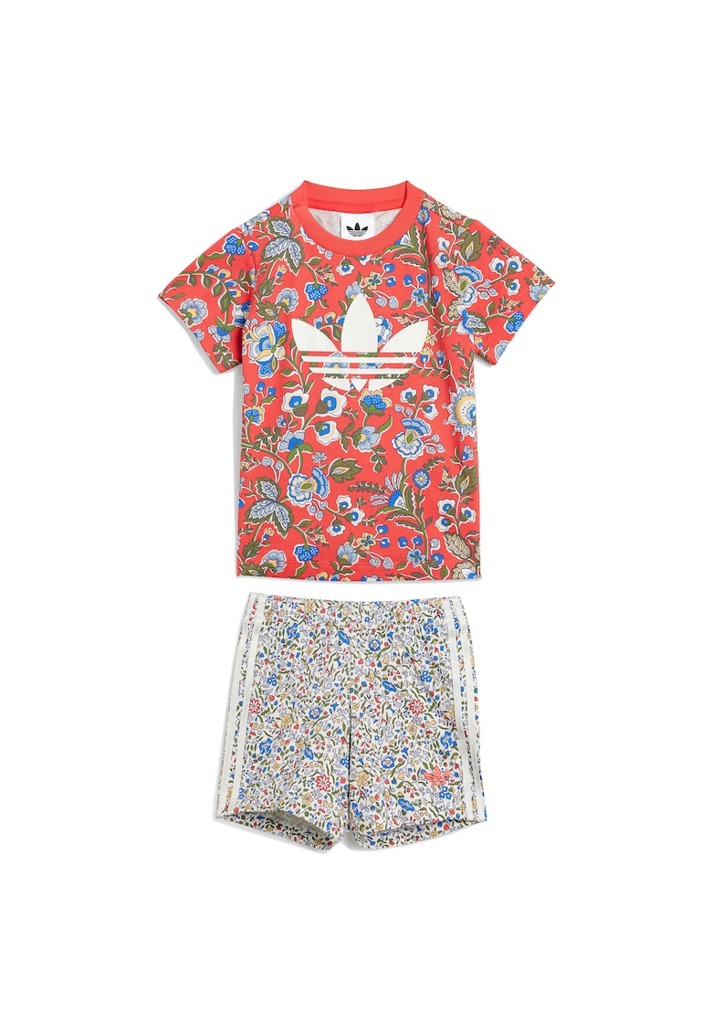Set de tricou si pantaloni scurti cu model floral si logo - 2 piese