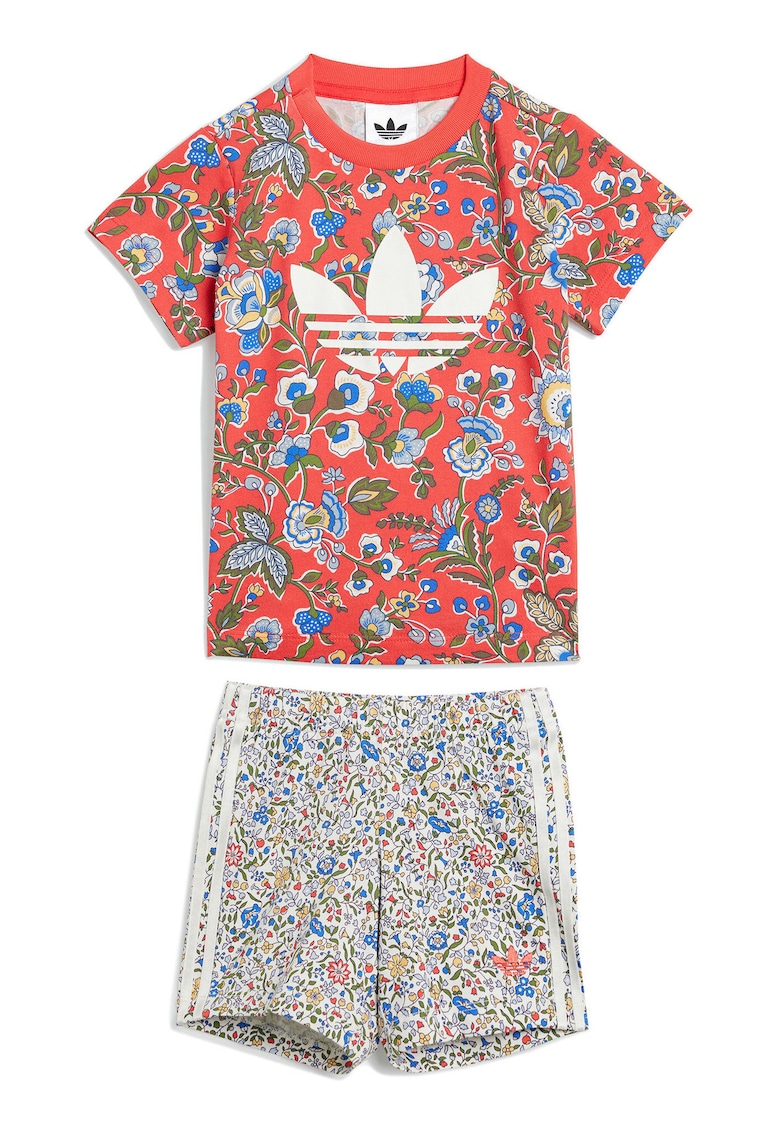 Set de tricou si pantaloni scurti cu floral si logo - 2 piese - Multicolor