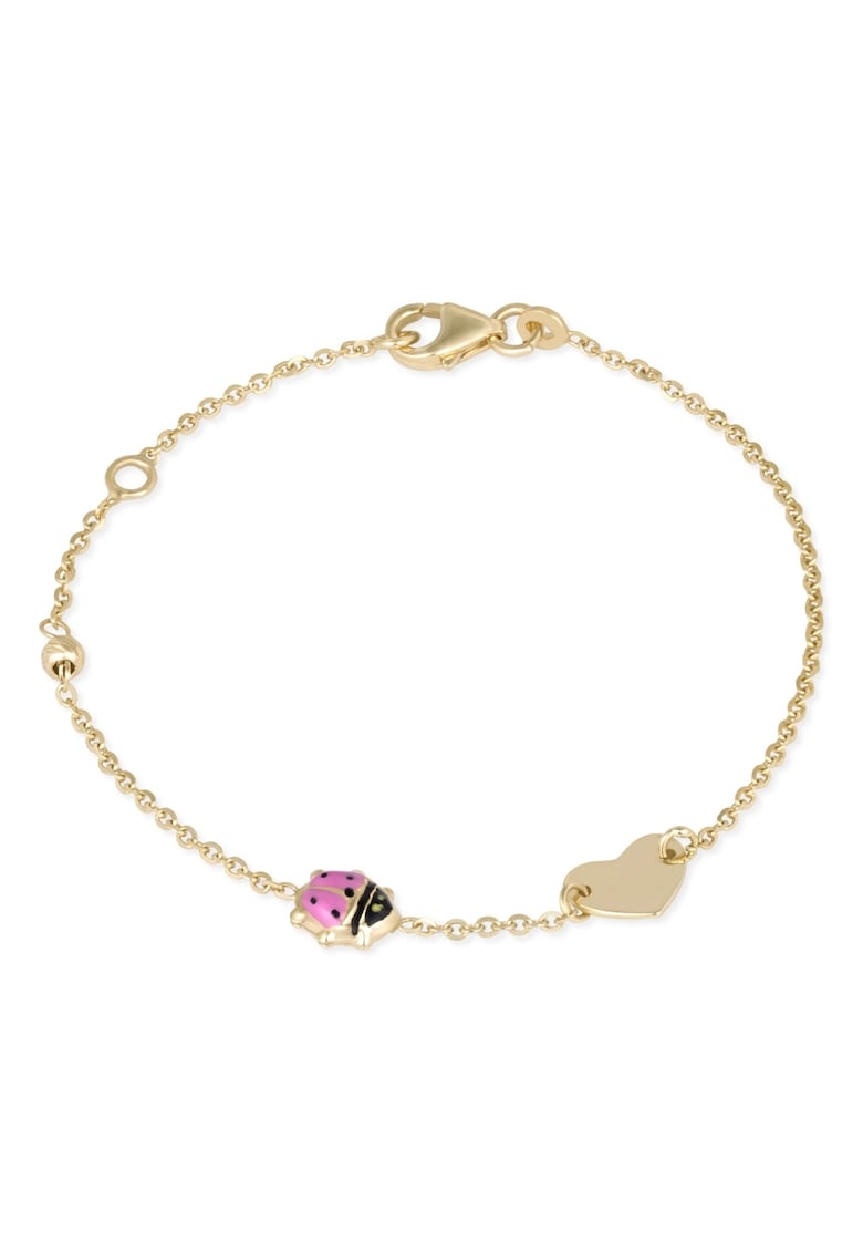 Bratara pentru Copii din Aur Galben de 14K cu Buburuza Roz - Inima si Bila Diamantata -