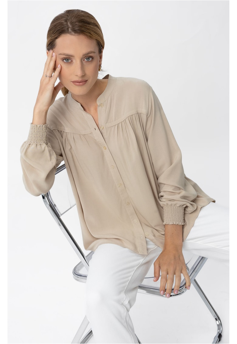 Bluza dama lejera - plisata - K-Enet - cu nasturi - maneci lungi cu mansete elastice - Bej