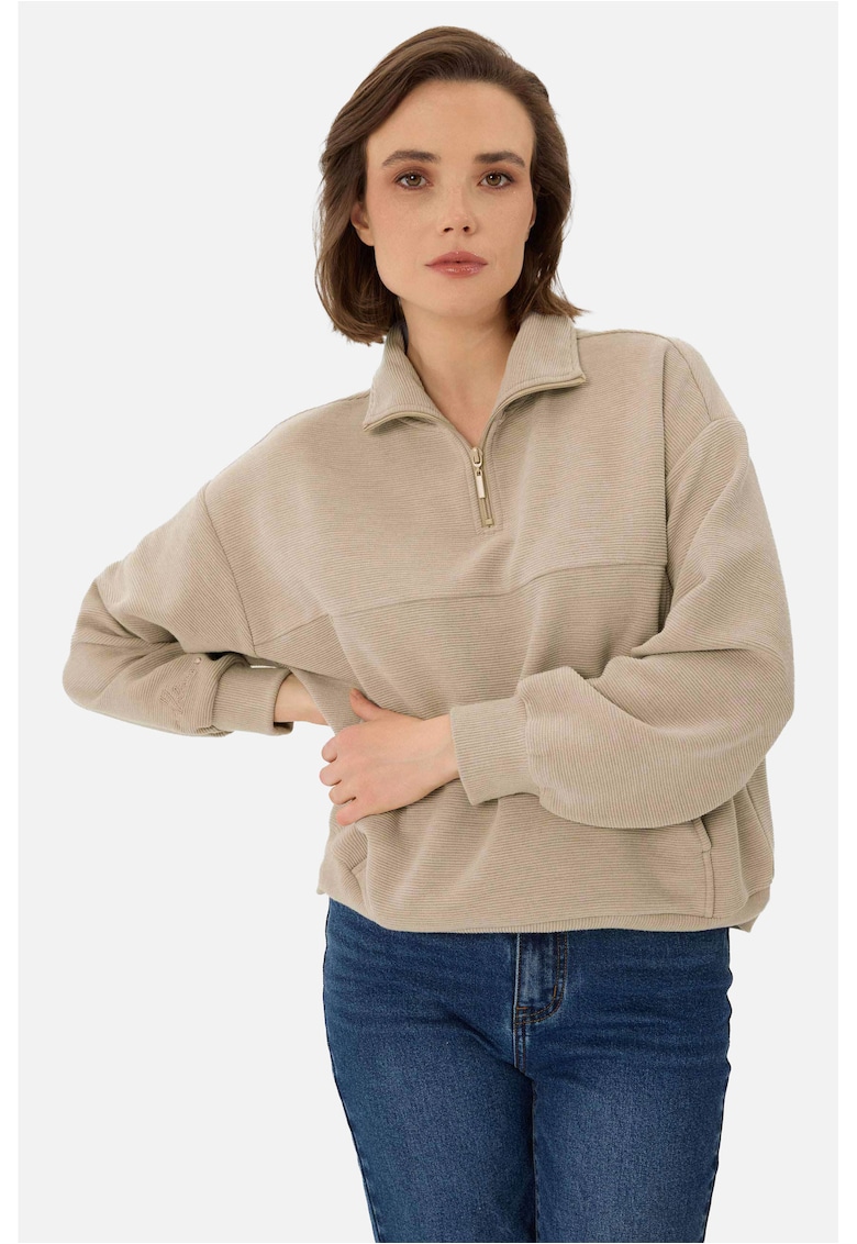 Hanorace dama fara gluga - cu guler si fermoar scurt - cu buzunare kangaroo - B-Moxi - nervuri - Bej