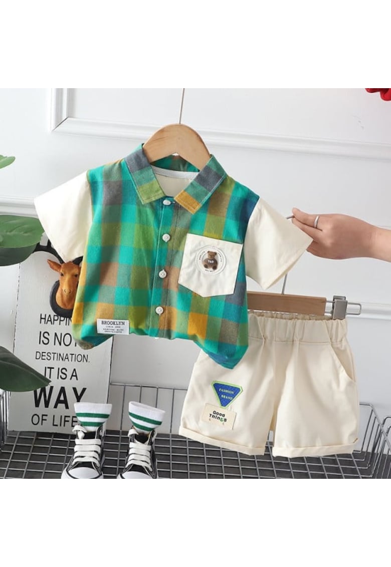 Compleu Model AL 21283 cu camasa verde in carouri - Multicolor