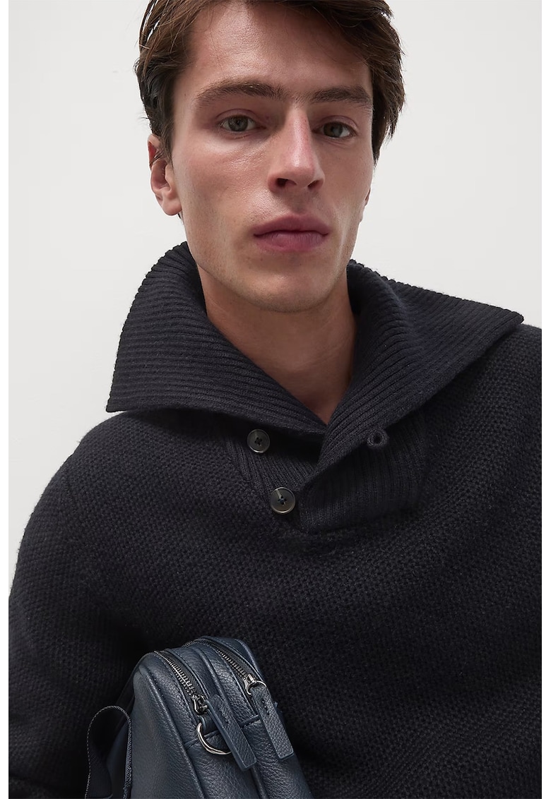 Pulover tricotat cu guler cu nasturi - Albastru ultramarin