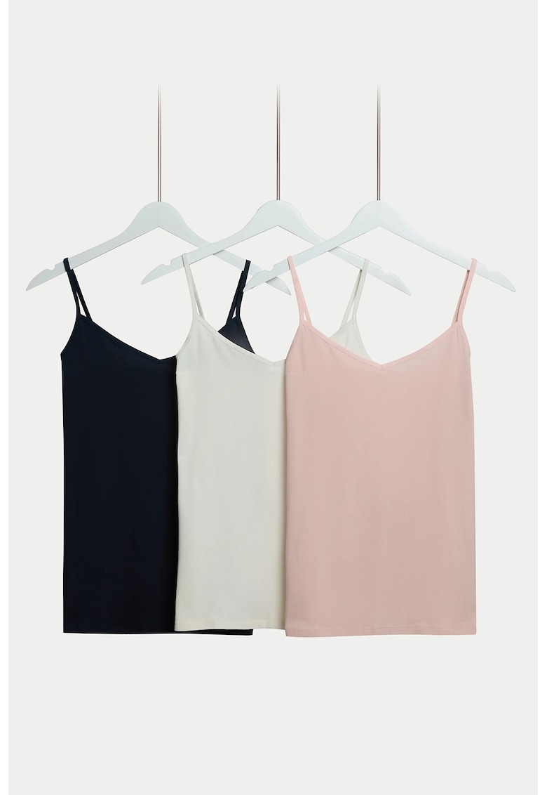 Marks Spencer Set de topuri cu decolteu in V - 3 piese - Albastru ultramarin/Alb murdar/Roz prafuit
