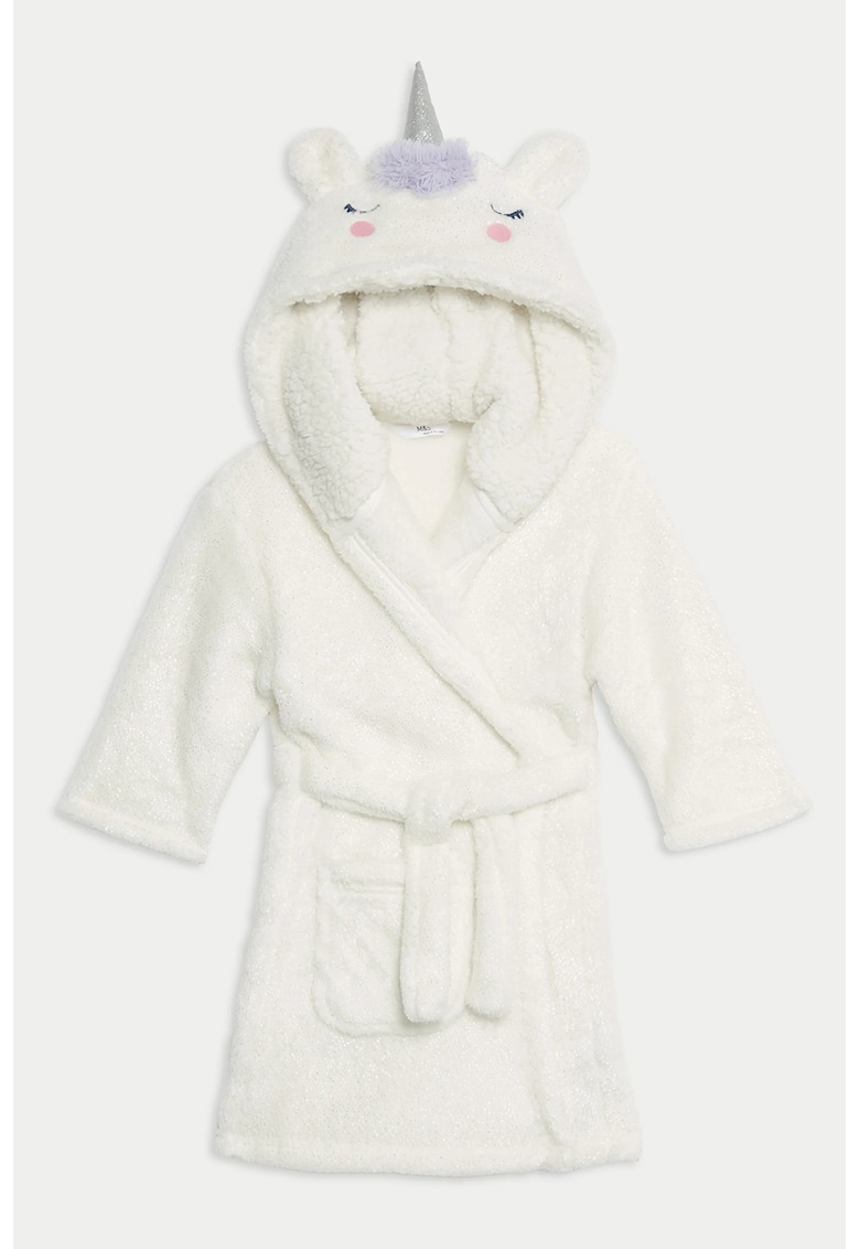 Halat de baie cu gluga si cordon - Alb fildes - Violet