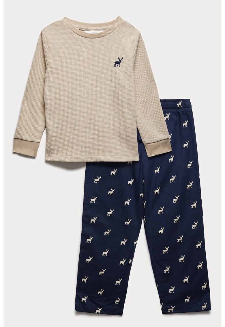 Pijama cu model si pantaloni lungi - Bej deschis/Bleumarin