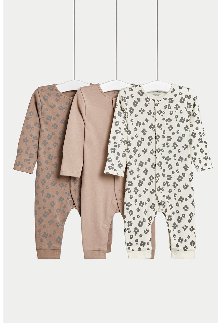 Set de pijamale cu model floral - 3 piese - Alb/Maro deschis/Gri inchis