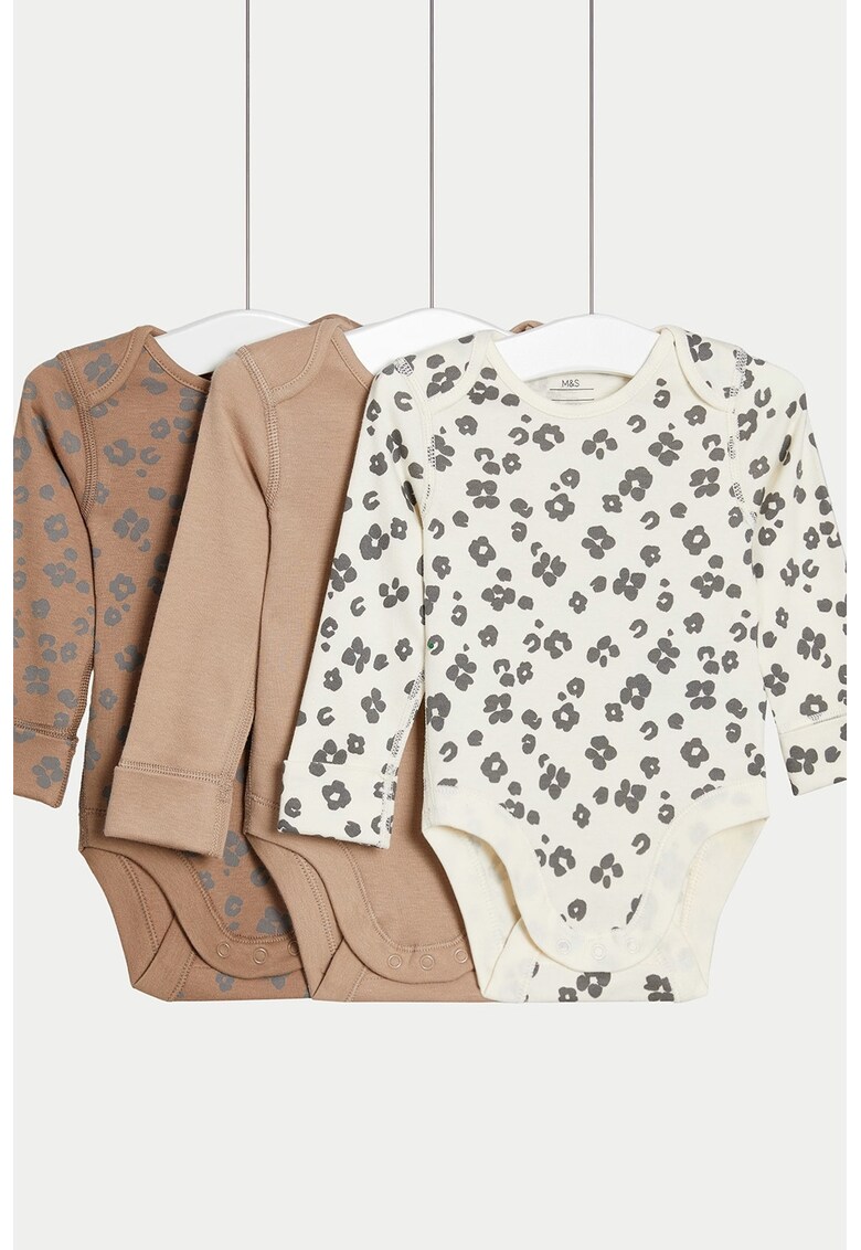 Set de body-uri cu model floral - 3 piese - Alb/Maro deschis/Gri inchis