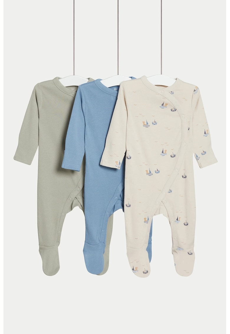 Set de pijamale cu capse - 3 perechi - Alb fildes/Albastru lavanda/Kaki