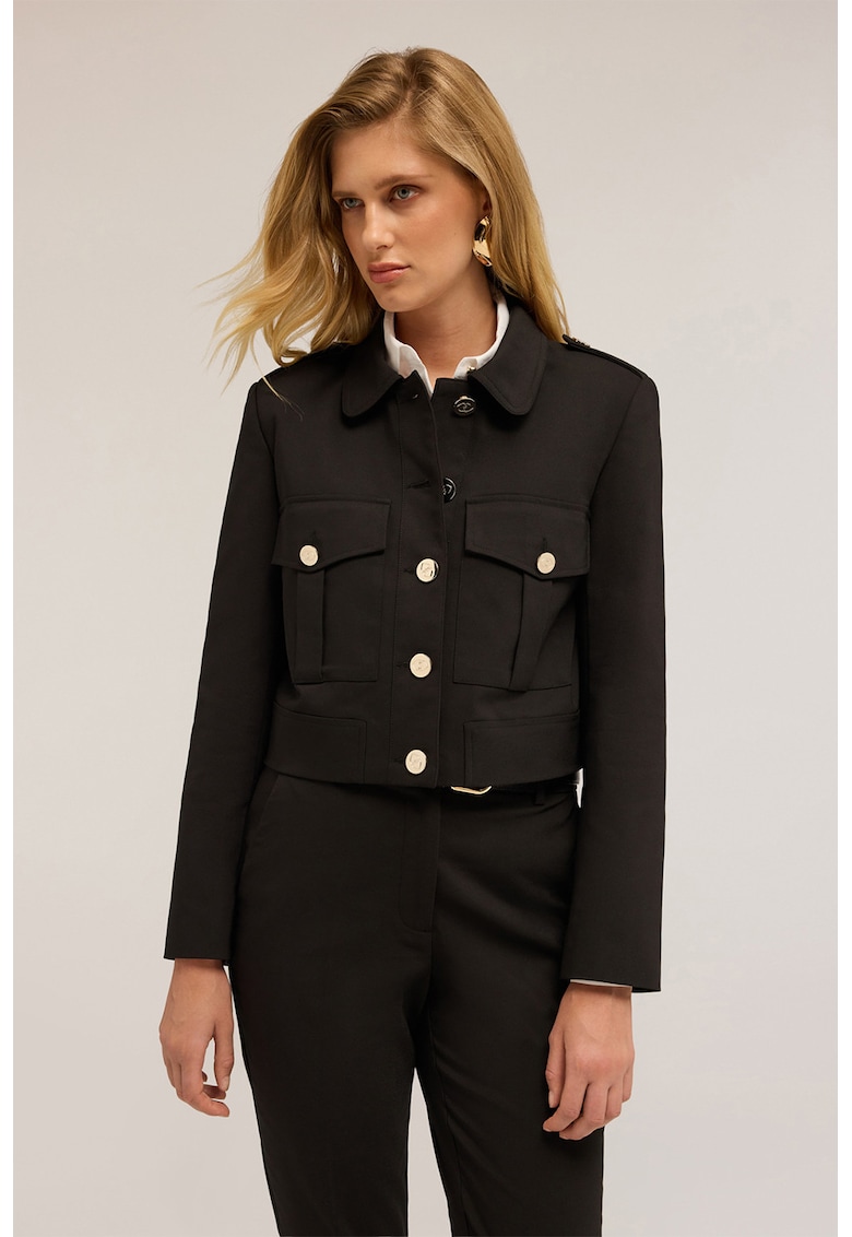 Jacheta crop cu buzunare frontale