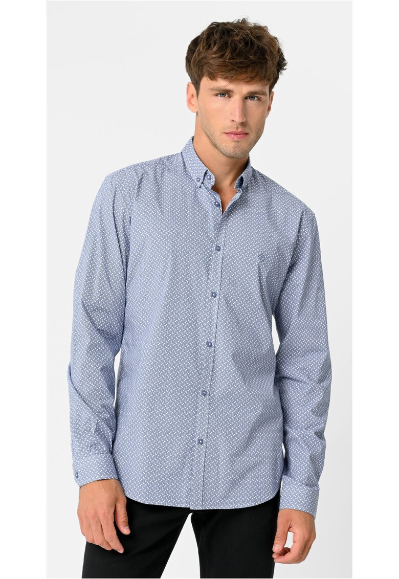 Camasa slim fit cu model geometric - cu guler fixat cu nasturi - K-Opulus - Albastru