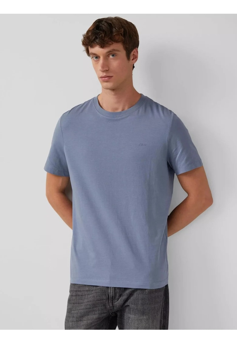 Tricou din bumbac cu decolteu la baza gatului - Bleumarin