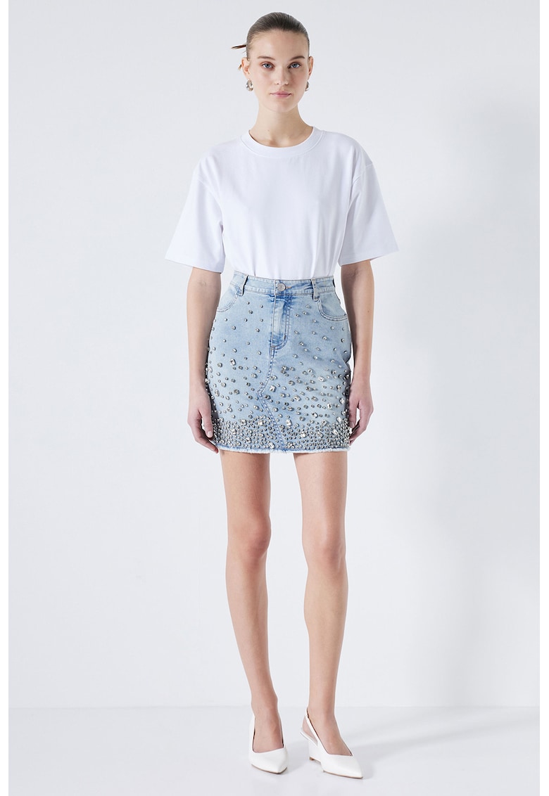 Fusta mini din denim cu strasuri