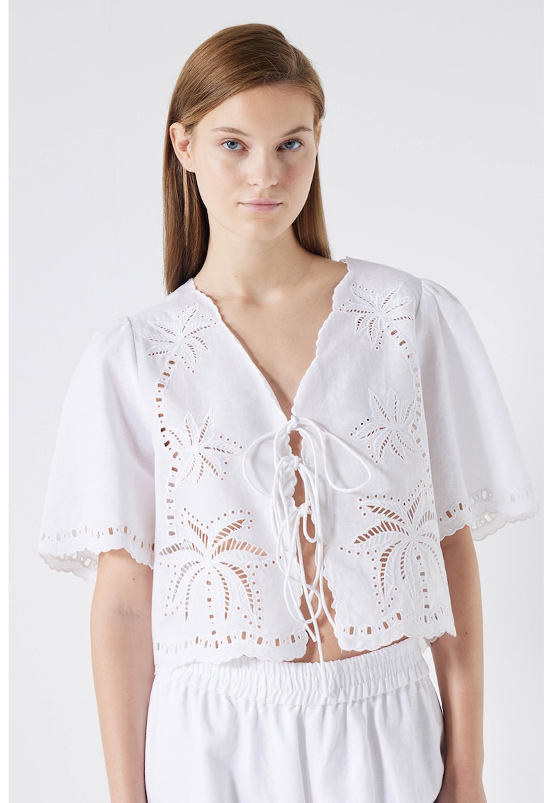 Bluza din amestec de in cu perforatii si prindere cu cordon