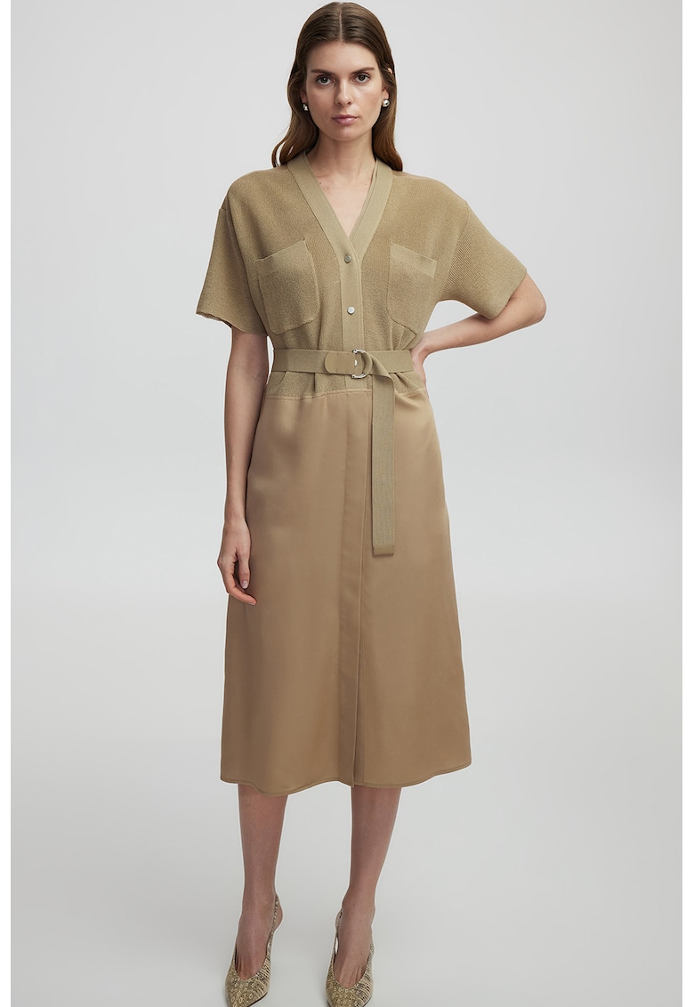 Rochie cu decolteu in V si buzunare pe piept - Kaki/Maro nisip