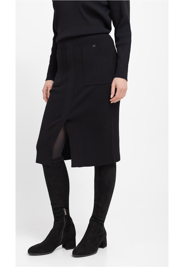 Fusta midi tricotata cu buzunare G-Piko - cu slit frontal - neagra