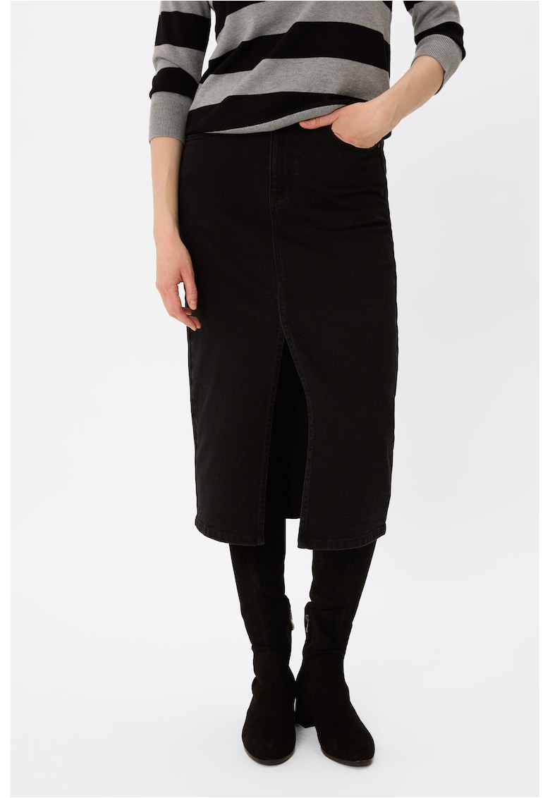 Fusta midi din denim cu slit frontal G-Vyen - cu buzunare - Neagra