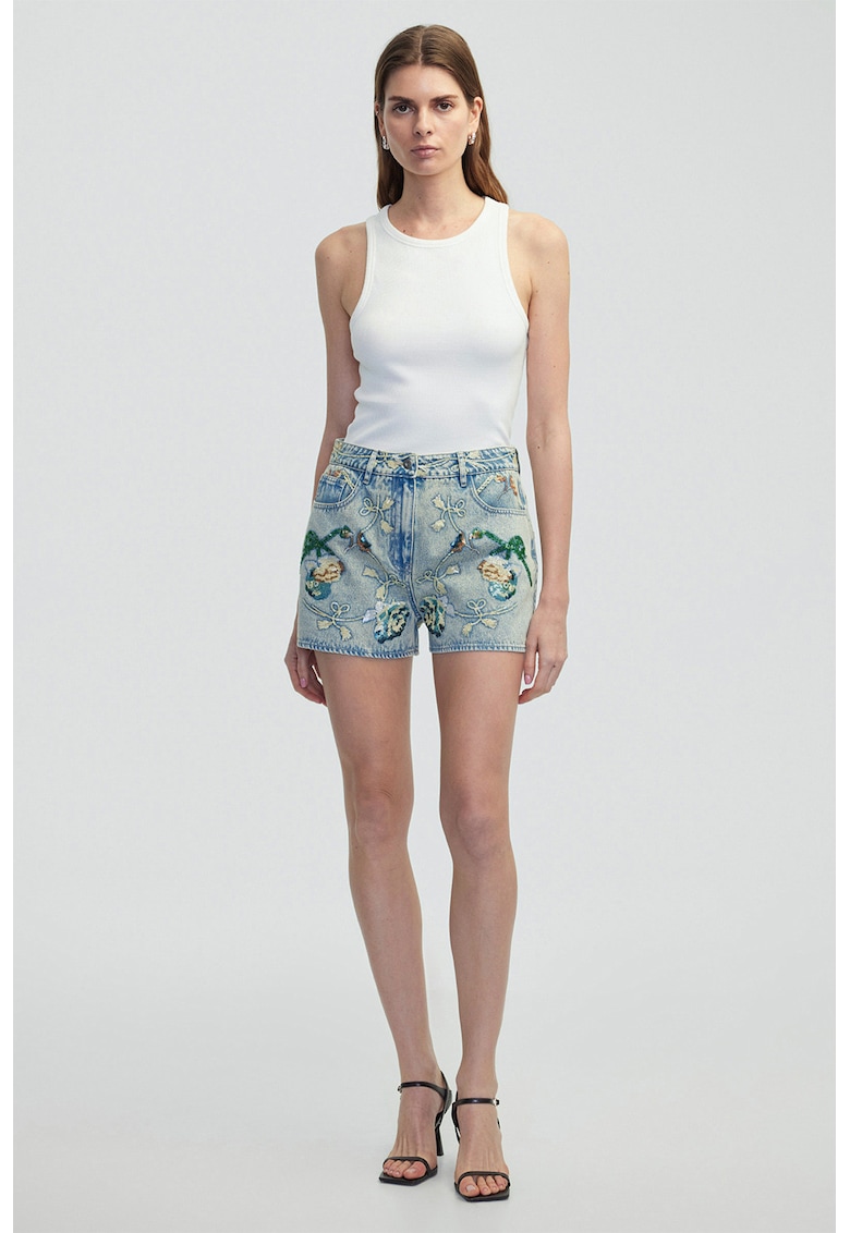 Pantaloni scurti din denim cu design brodat si paiete