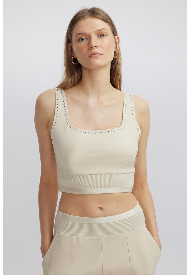 Top crop cu decolteu patrat - Alb fildes/Argintiu