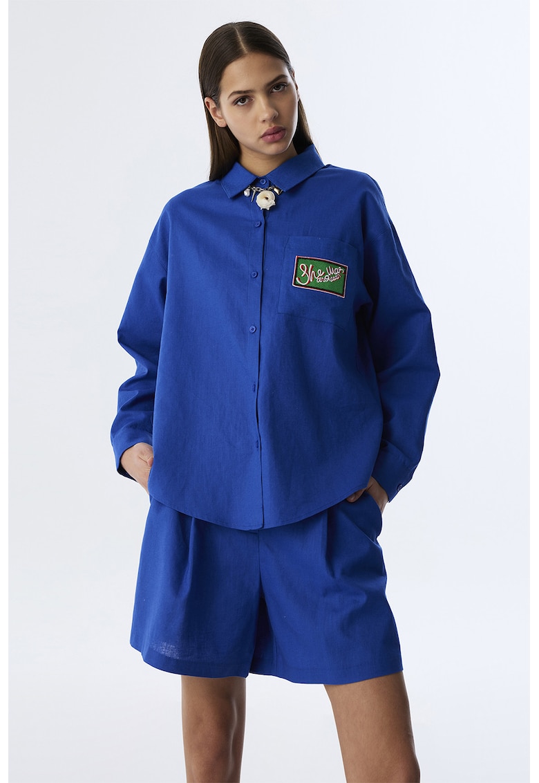 Camasa supradimensionata din amestec de in cu buzunar pe piept