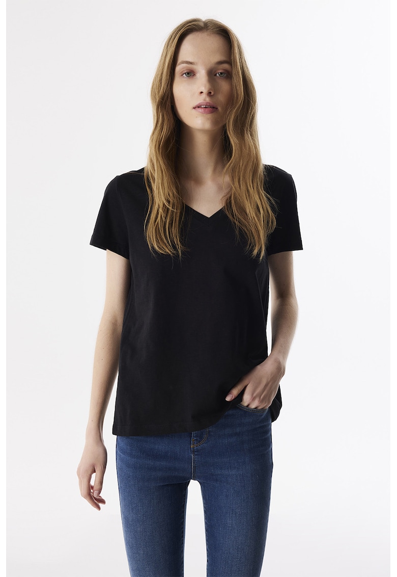 Tricou de bumbac cu decolteu in V - Negru