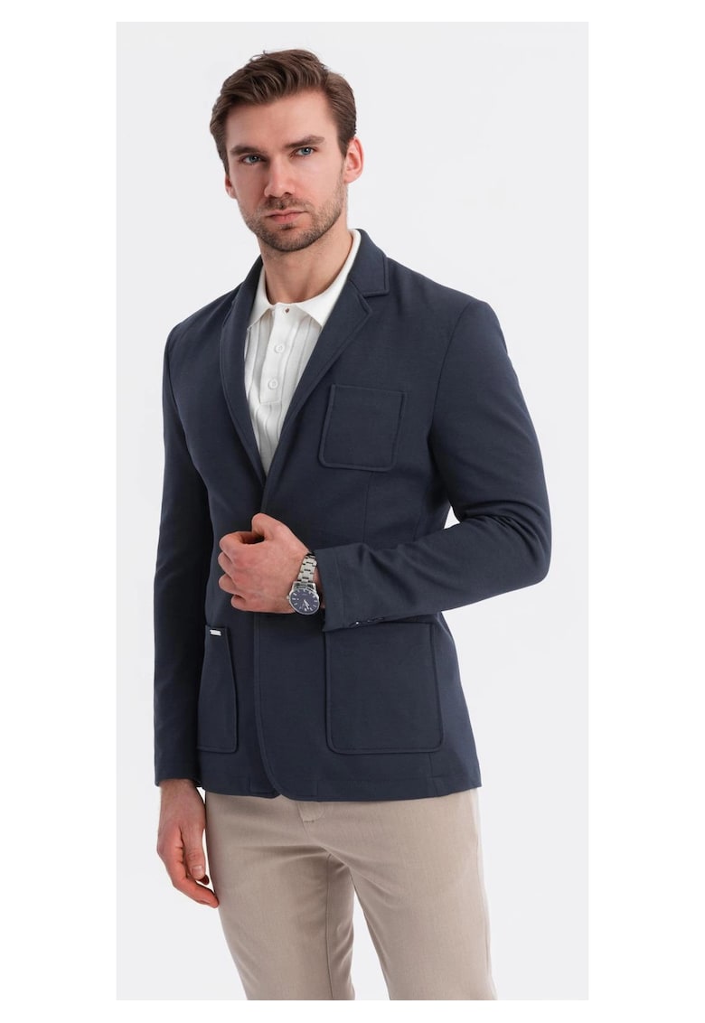 Sacou SLIM din tesatura tricotata cu textura subtila  OM-BLZB-0101 - Albastru inchis