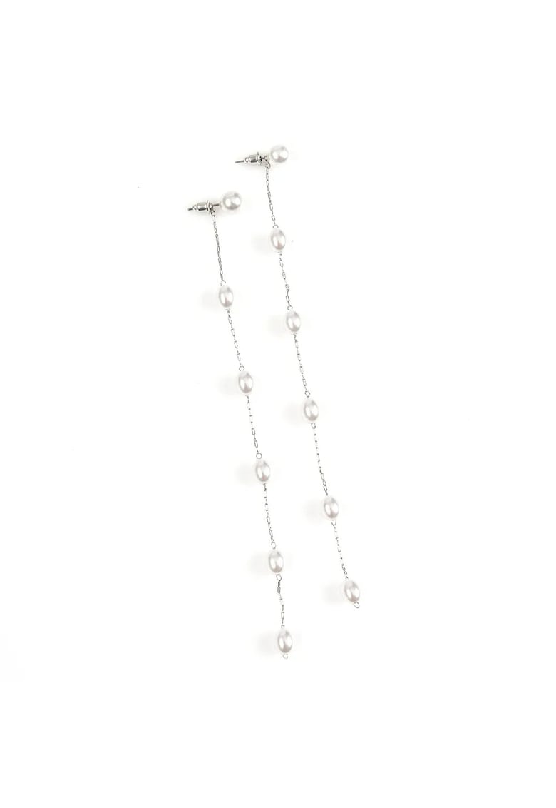 Cercei lungi argintii cu perle albe elegante -  Paris