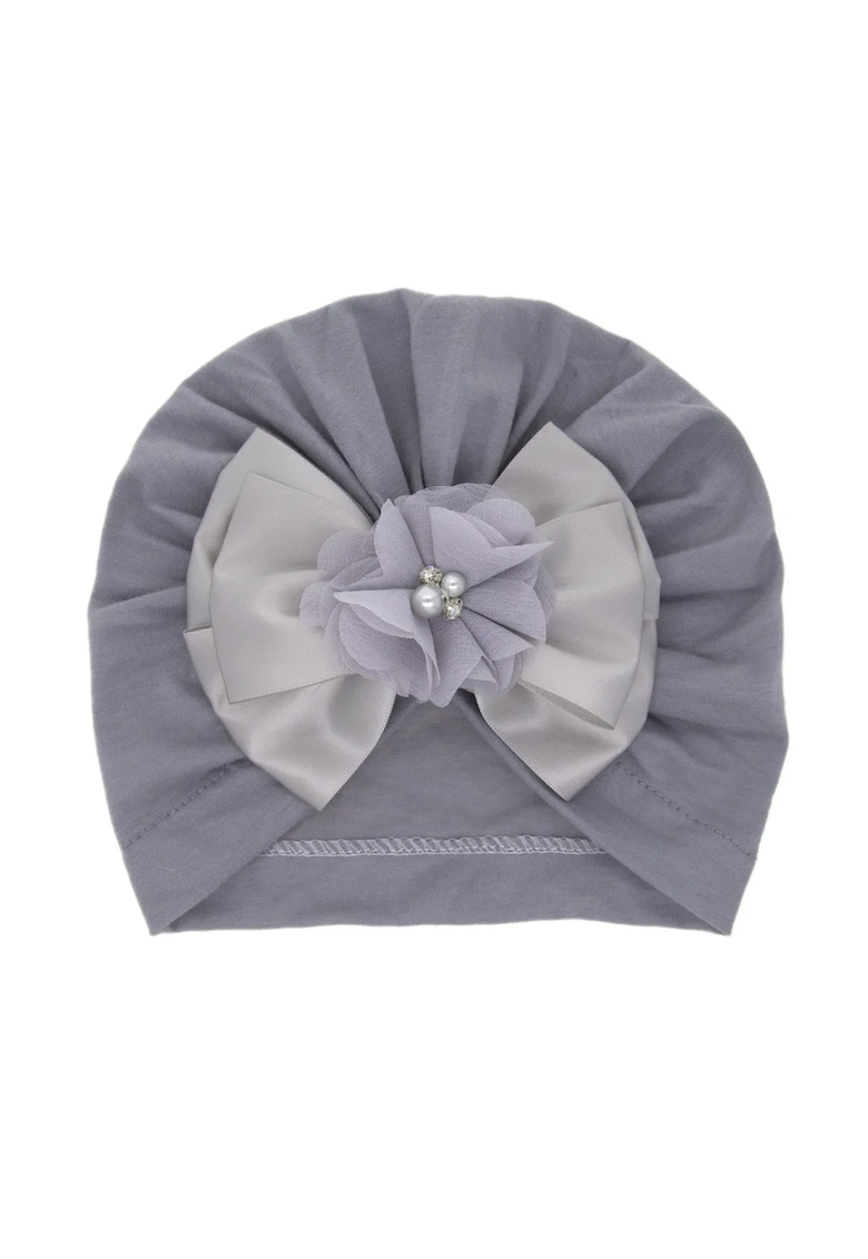Caciula tip turban Model AL 29869 cu fundita din satin - Fete - 3-6 luni - Gri