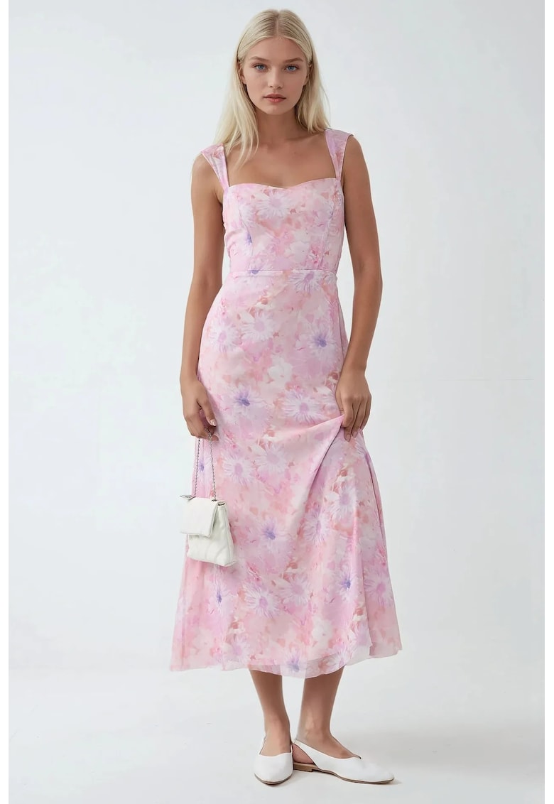 Rochie maxi -  florala - guler in forma de inima - roz aprins - textil