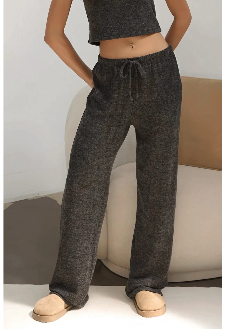 Pantaloni dama -  tricotati - talie inalta - gri inchis - poliester