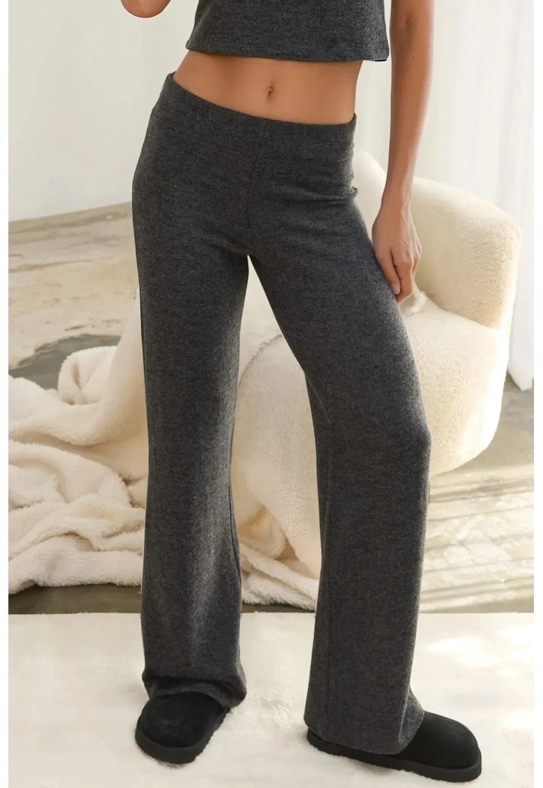 Pantaloni dama -  tricotati - talie inalta - gri inchis - material moale