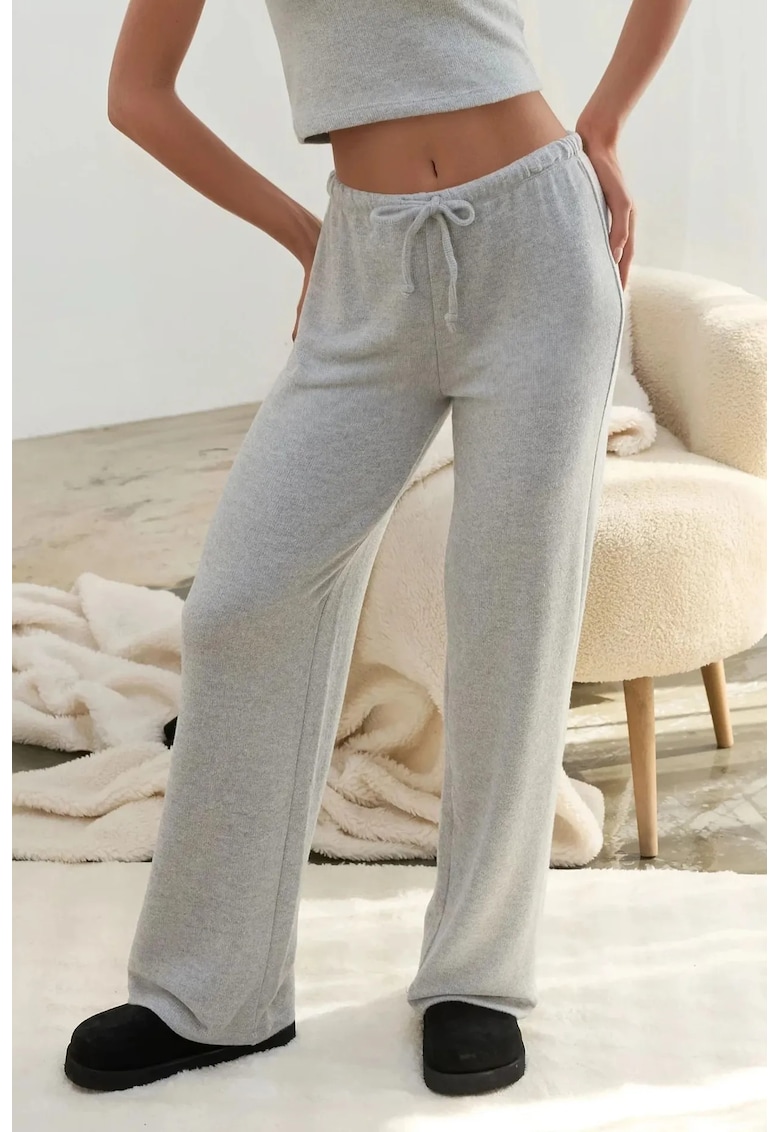 Pantaloni dama -  tricotati - talie inalta - gri deschis - poliester si viscoza