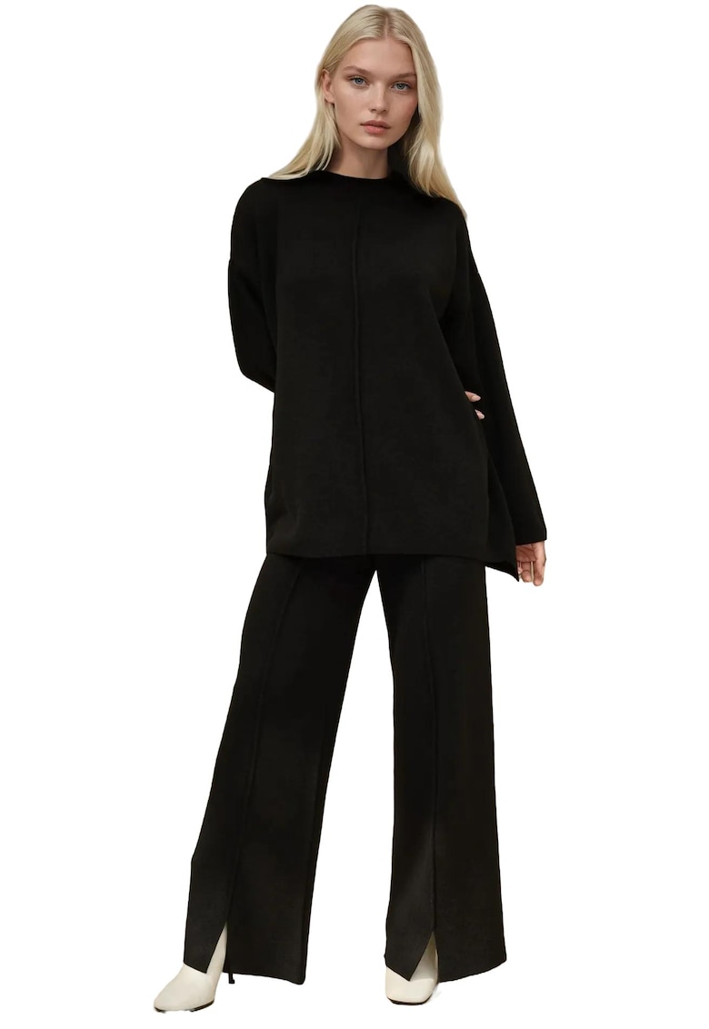 Set coompleu pulover lung si pantaloni largi - tricot - negru Set coompleu pulover lung si pantaloni largi - tricot - negru